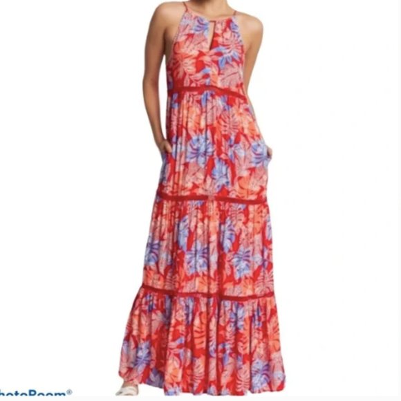 Anthropologie Red‎ Carter High Neck Maxi Dress Boho Floral Print - Picture 1 of 12